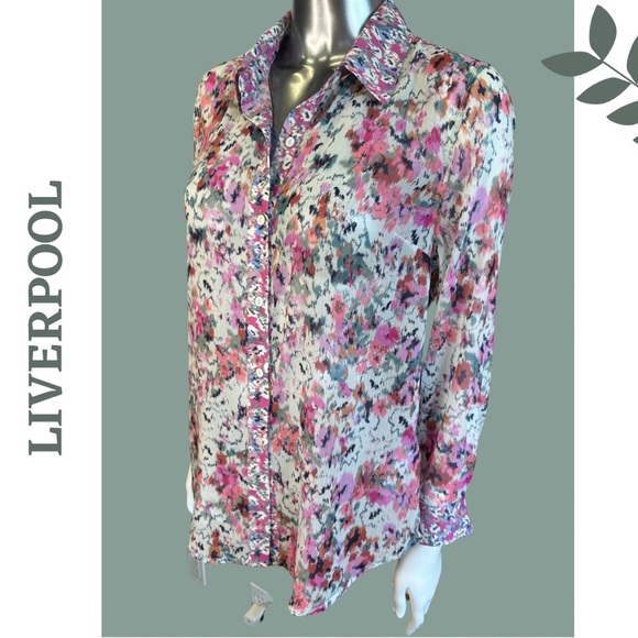 Liverpool Lightweight Floral Button Down Shirt Collar White Pink Size XS - Picture 3 of 7